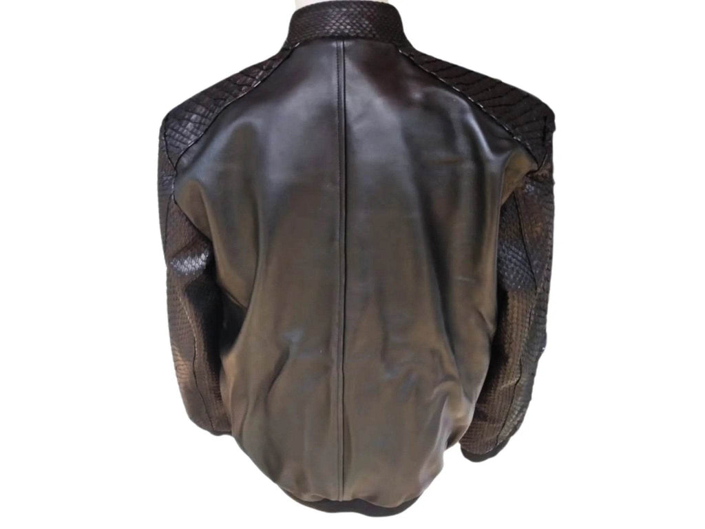 Black bomber leather jacket back view with center seam and textured sleeve panels