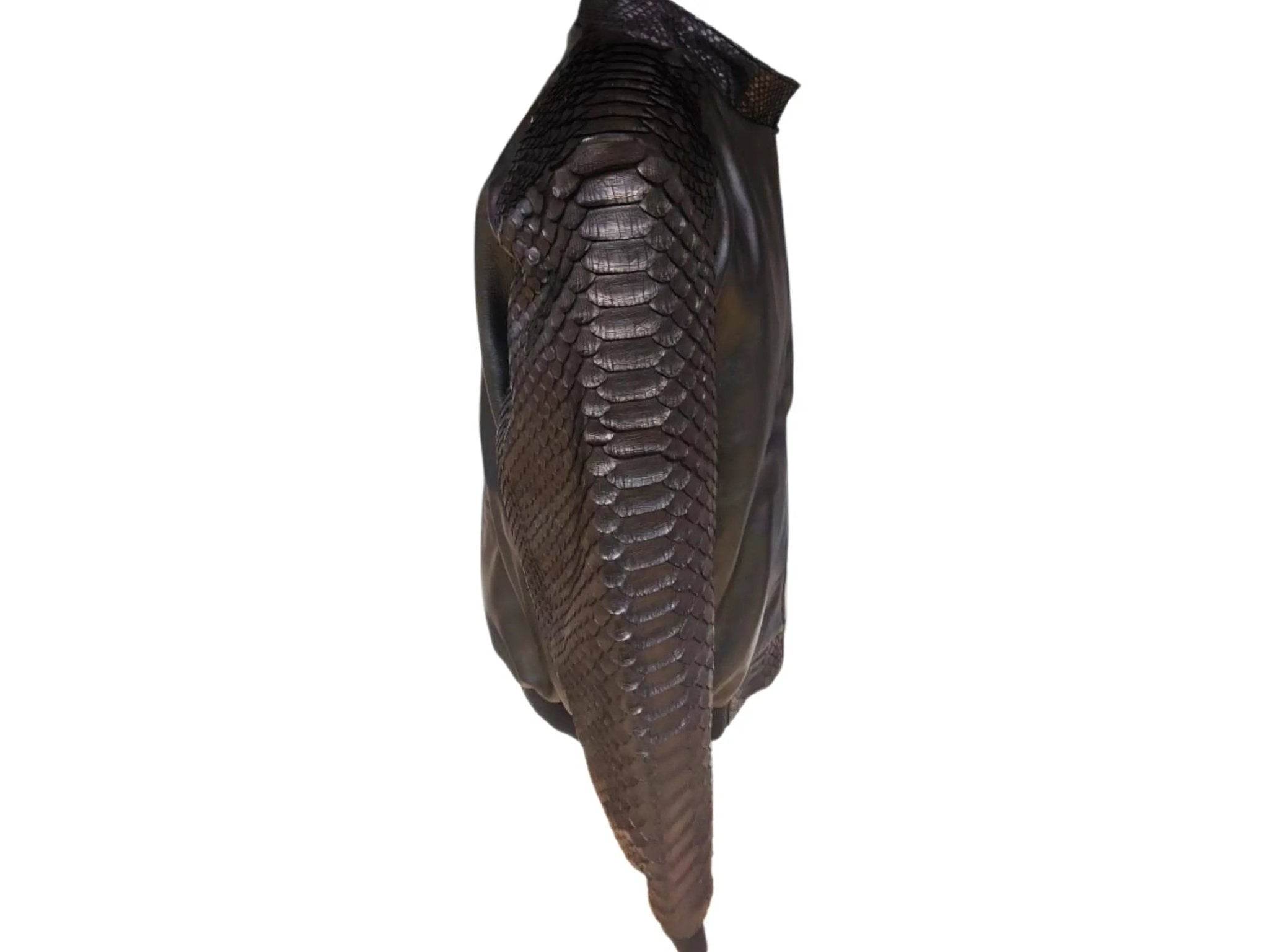 Black leather bomber jacket side view with textured sleeve panel and tapered hem