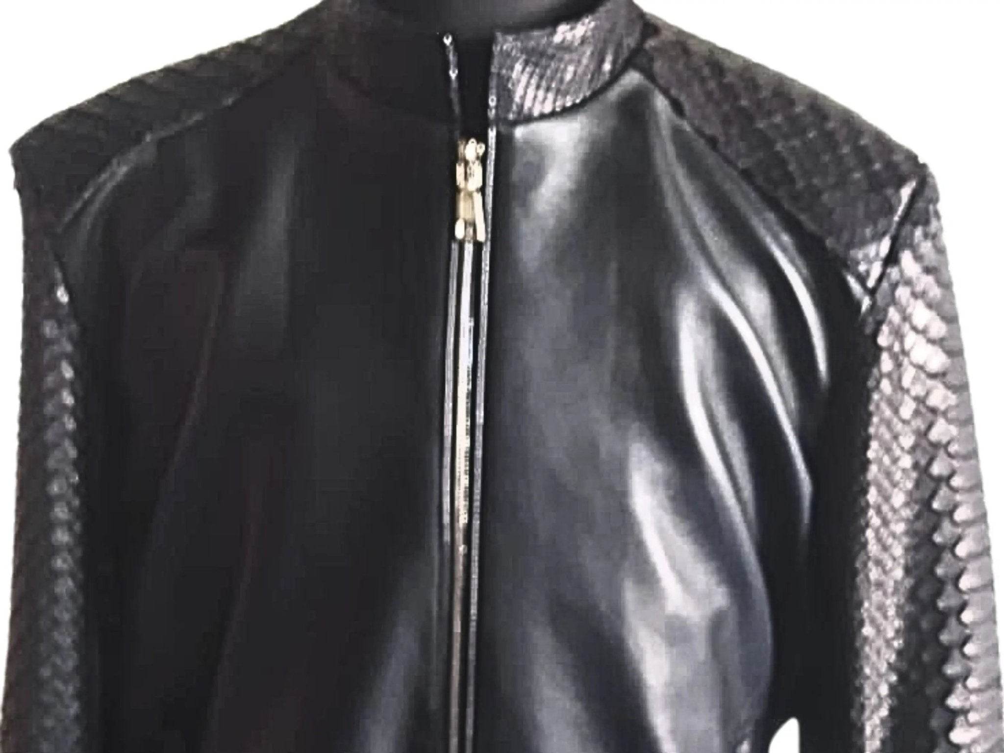 Black leather bomber jacket with front zipper and textured snakeskin-style sleeves
