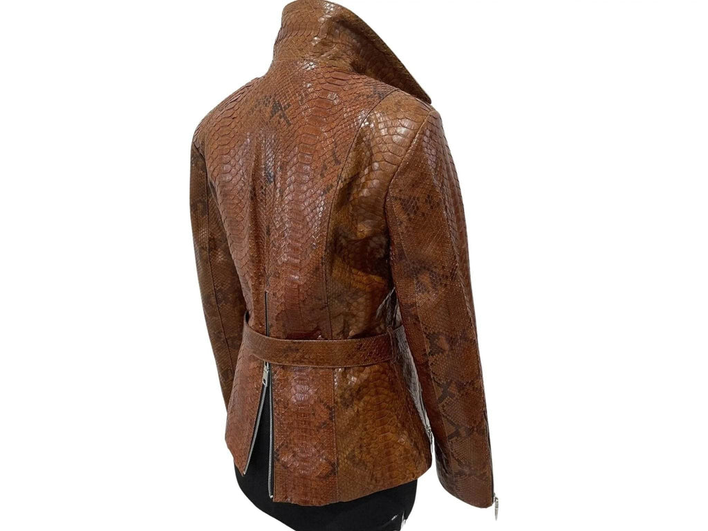 Brown snakeskin leather jacket on mannequin, rear view with belt waist tie