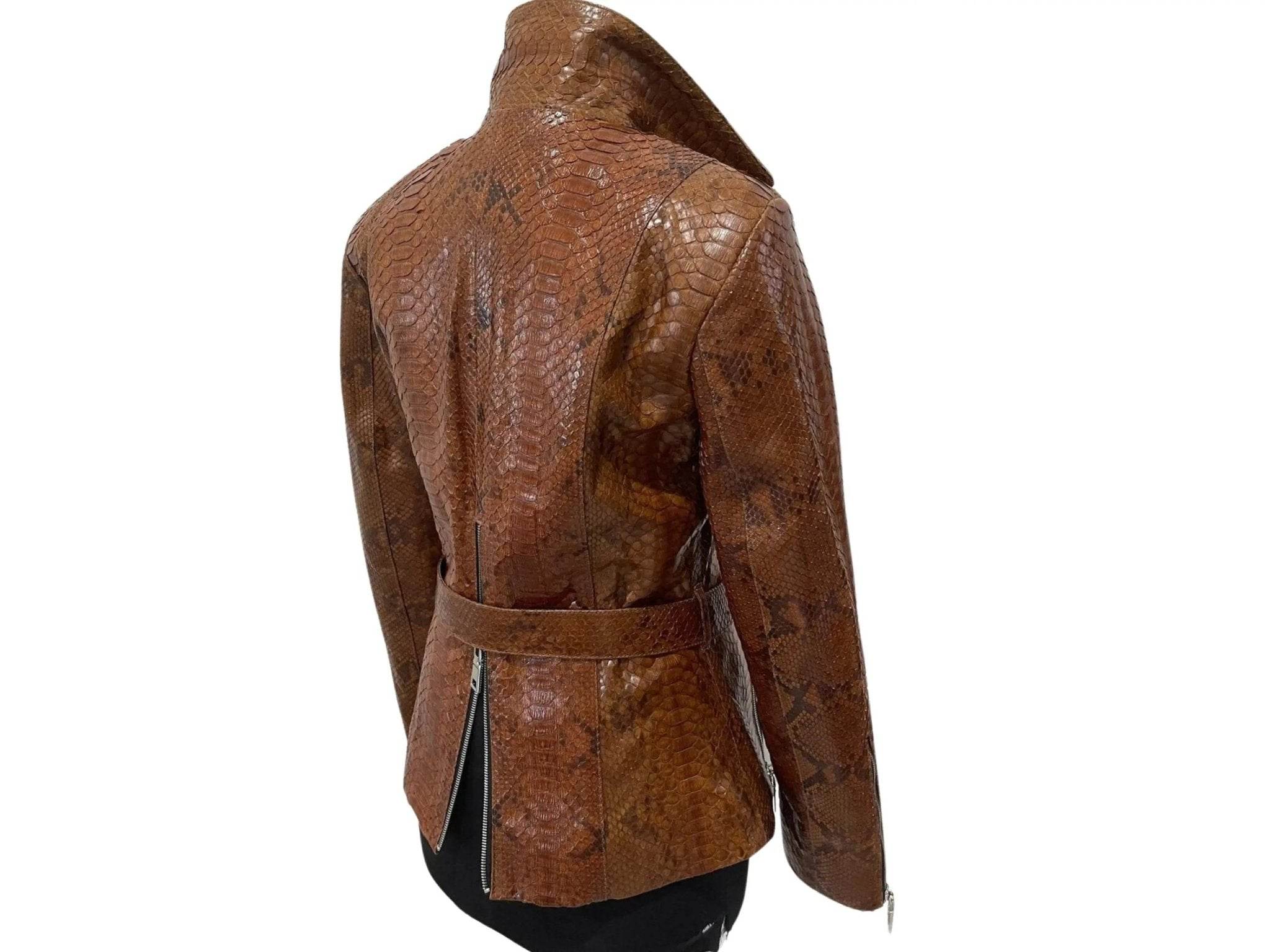 Brown snakeskin leather jacket on mannequin, rear view with belt waist tie
