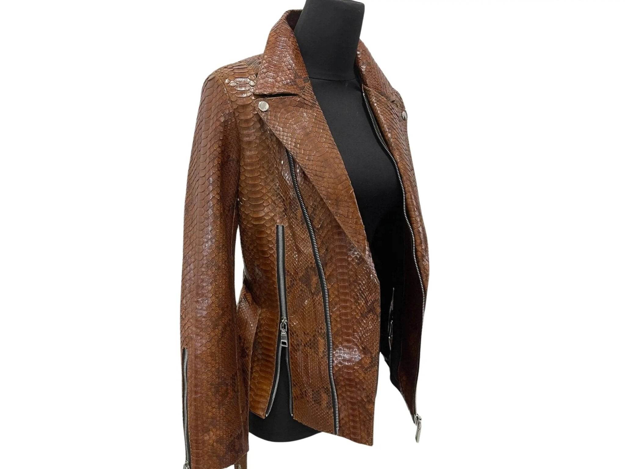 Brown snakeskin-textured leather jacket on mannequin, front zip and wide lapels
