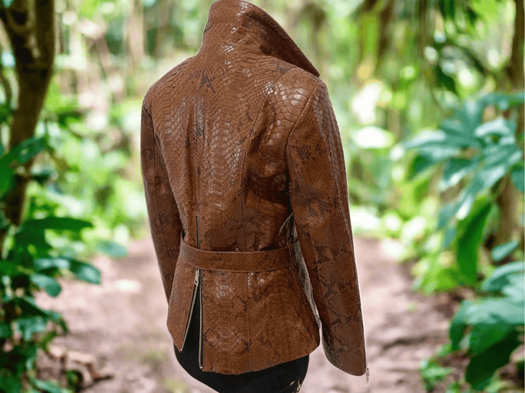 Brown snakeskin leather jacket on mannequin, back view, belt at waist