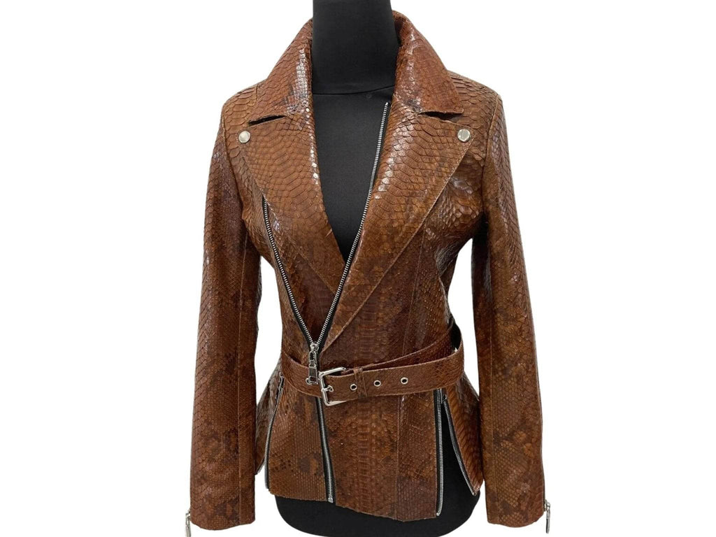 Brown snakeskin leather jacket on mannequin, V-neck, flap pockets, belt at waist