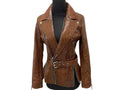 Brown snakeskin leather jacket on mannequin, V-neck, flap pockets, belt at waist