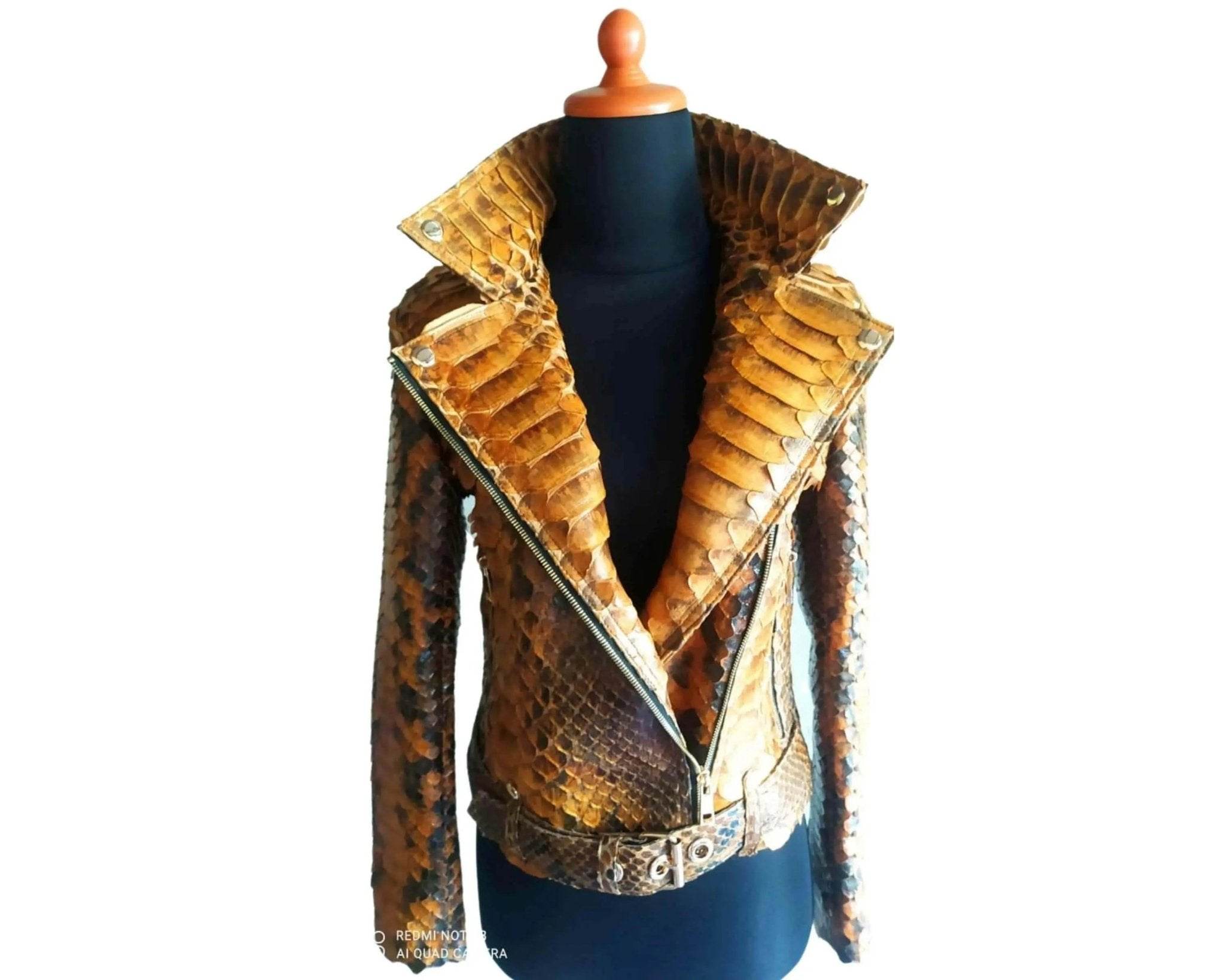 Brown snake-scale leather motorcycle jacket with asym zip and belted hem