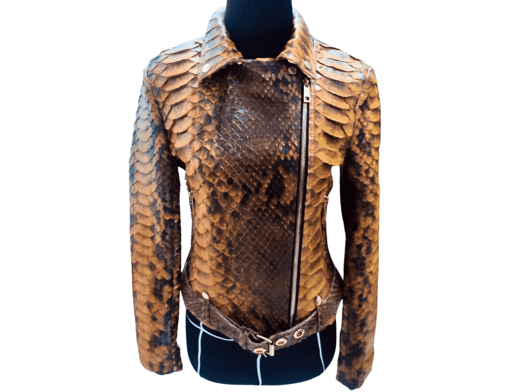 Brown snakeskin-pattern leather motorcycle jacket with zip front and stand collar