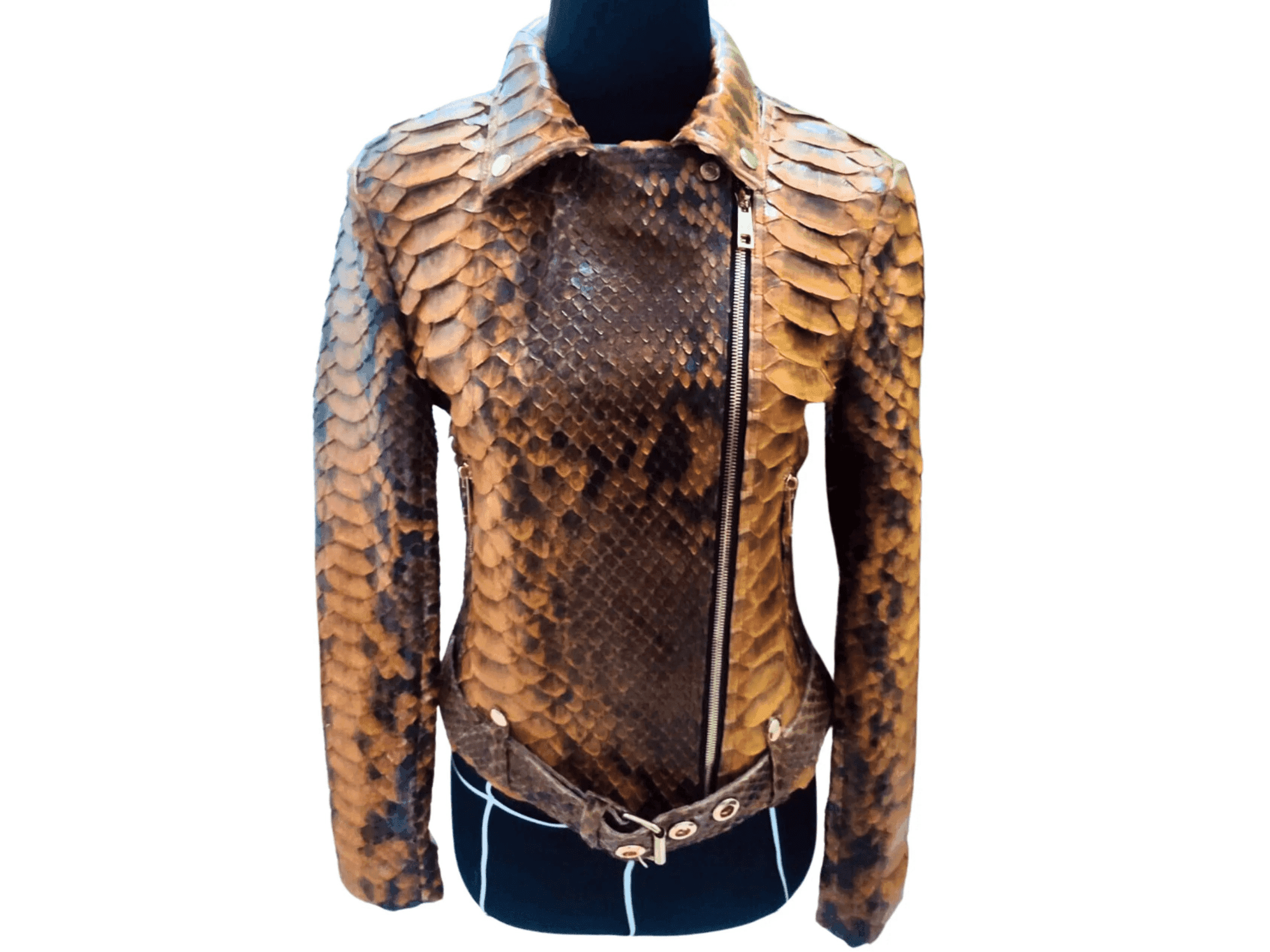 Brown snakeskin-pattern leather motorcycle jacket with zip front and stand collar