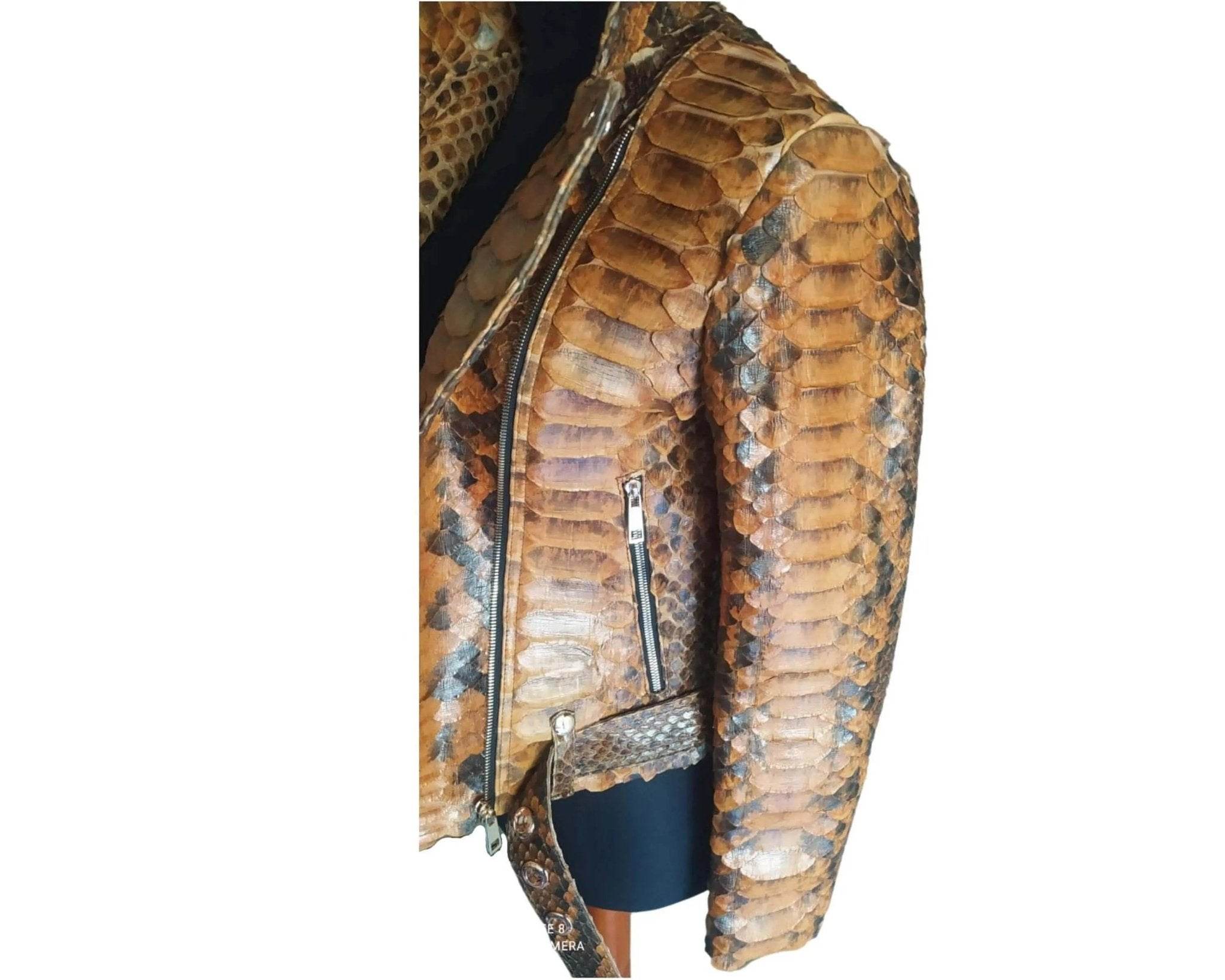 Side view of snake-scale leather jacket with front zipper and seam stitching