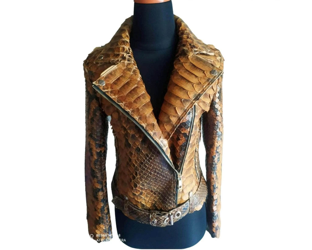 Brown snake-scale leather motorcycle jacket, asym zip front with wide collar