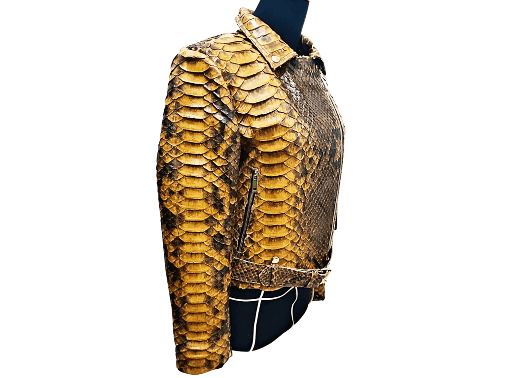 Side profile of snake-scale leather jacket with zipper pocket and cuff detail