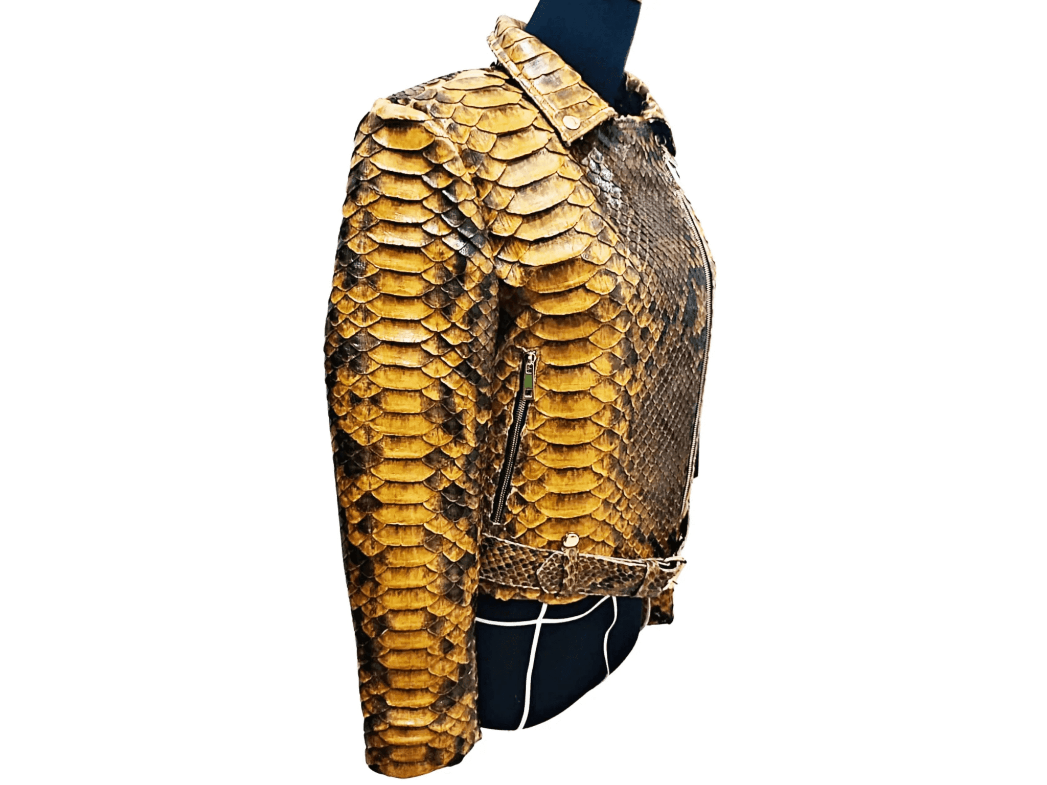 Side profile of snake-scale leather jacket with zipper pocket and cuff detail
