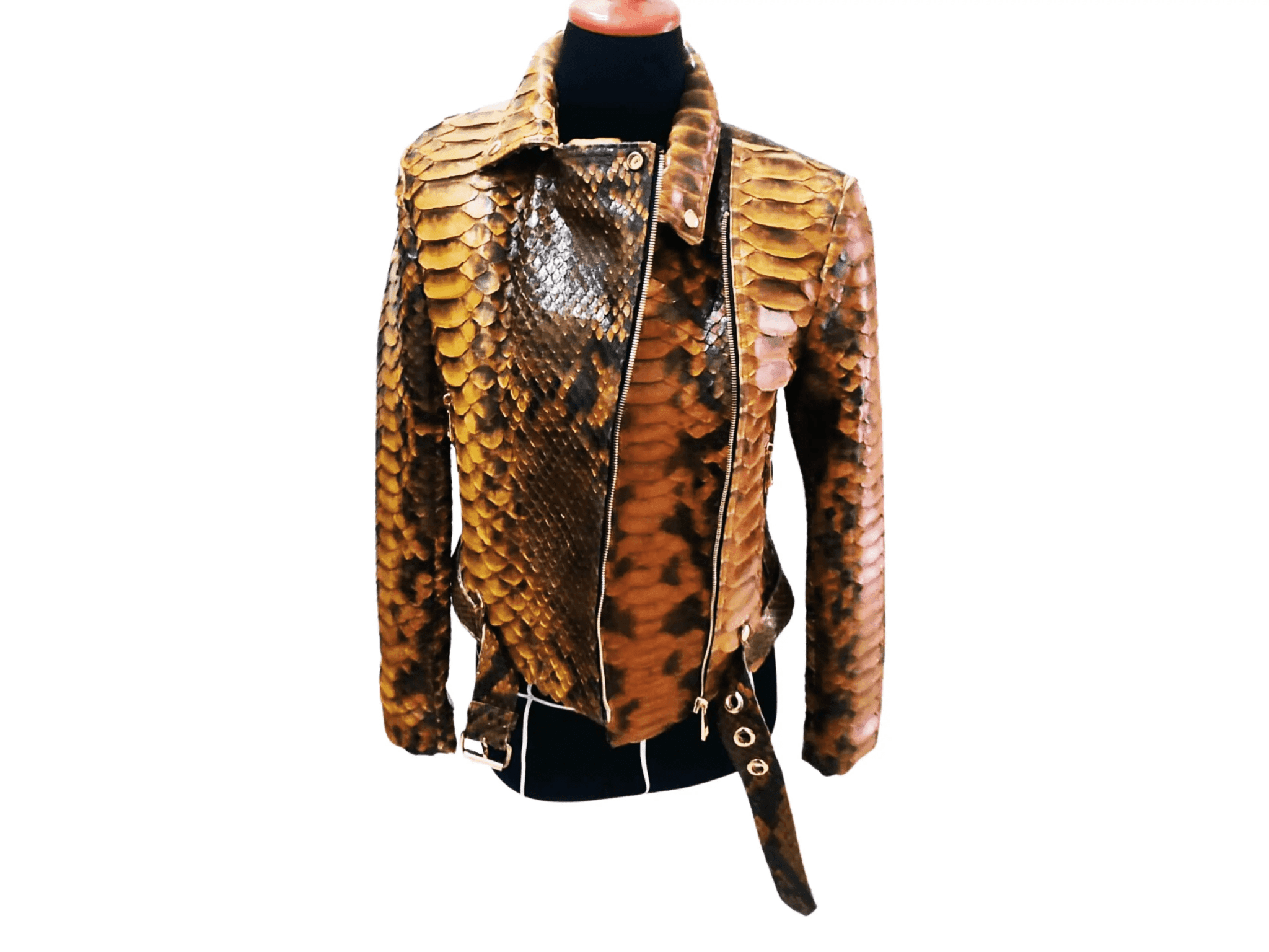 Brown snakeskin-textured leather motorcycle jacket, zip front, snap belt detail