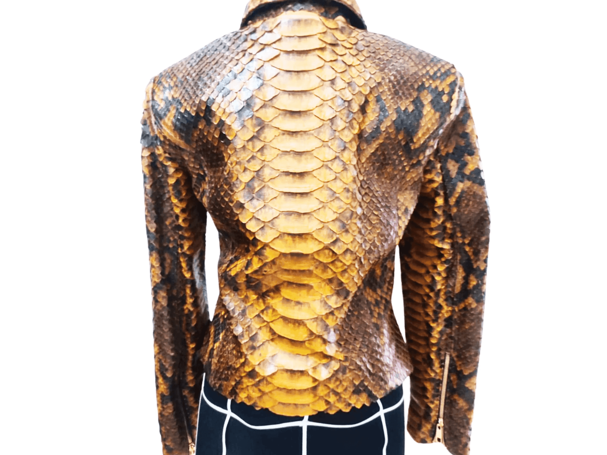 Back view of snake-scale leather motorcycle jacket with center back seam detail