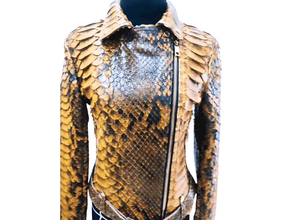 Gold and brown snake-scale leather jacket with front zipper and shoulder details