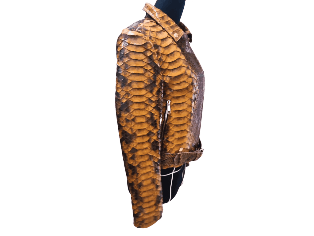 Front side view of snake-scale leather motorcycle jacket with asym zipper