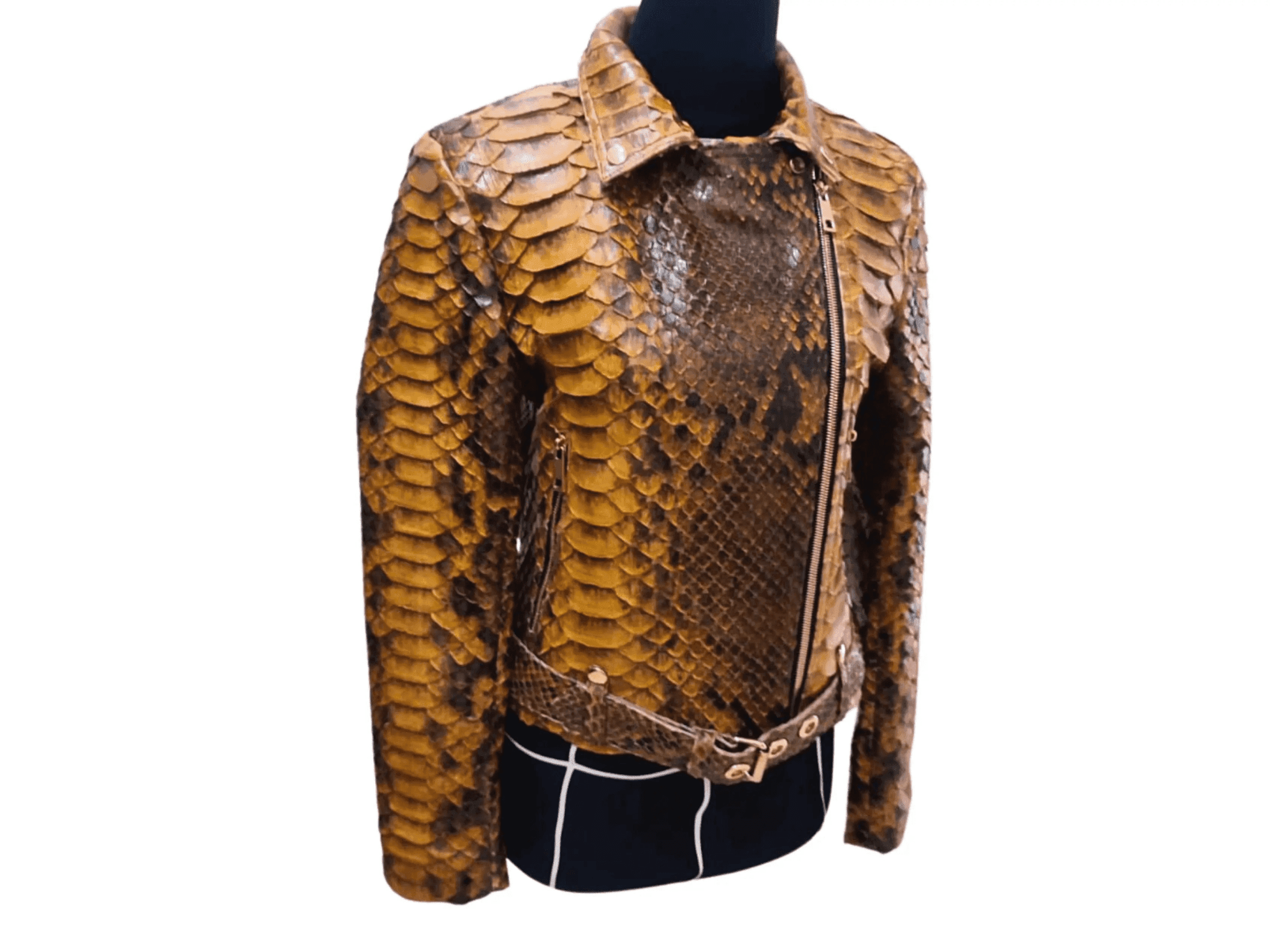 Brown snakeskin-textured leather motorcycle jacket, stand collar, front zipper