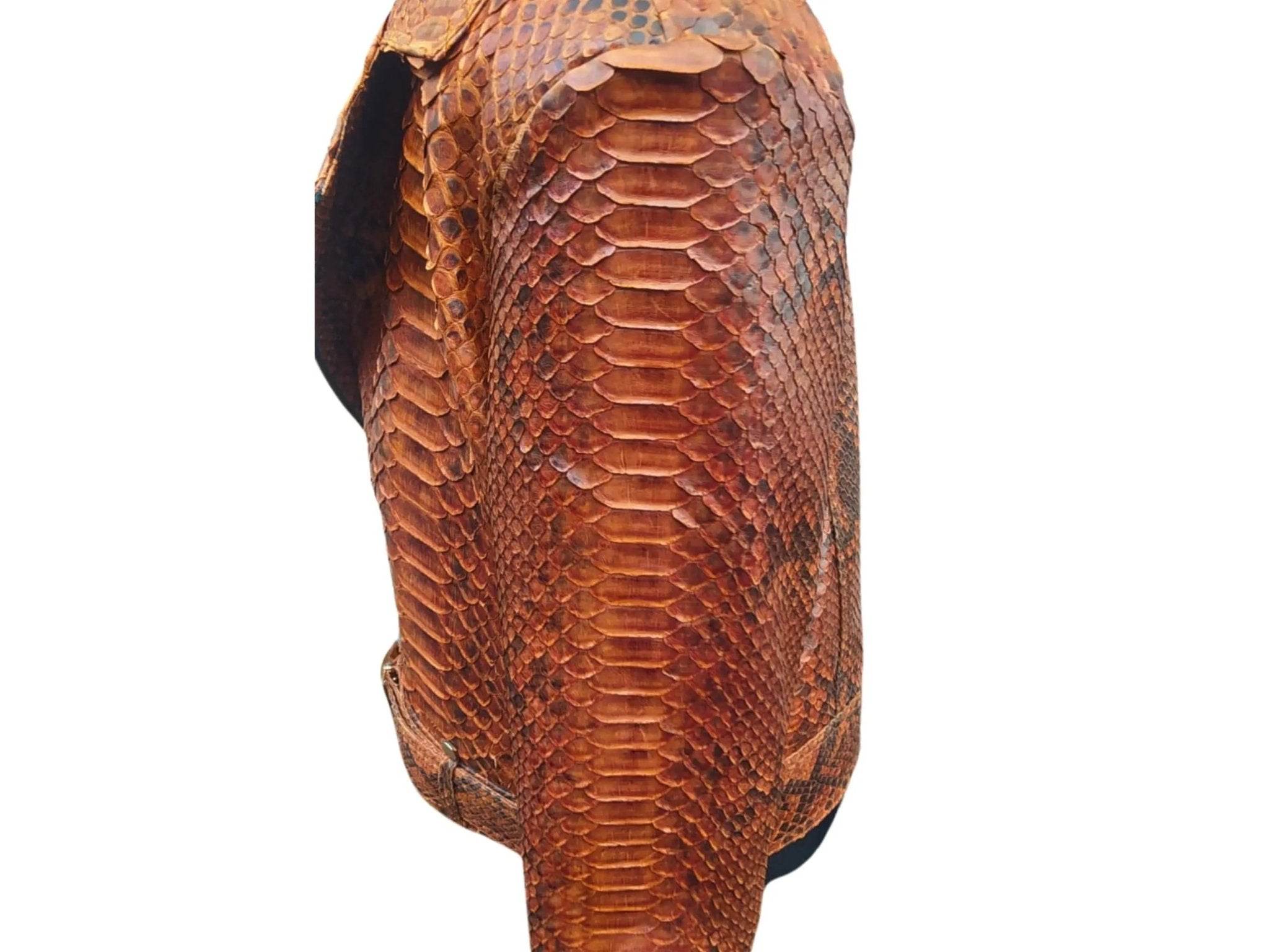 Brown snake-scale leather motorcycle jacket with angled yoke and shoulder seam