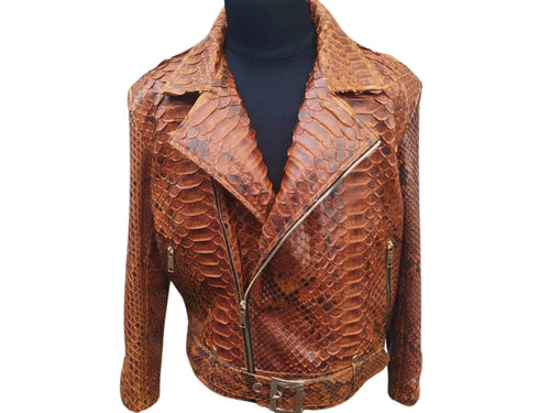 Brown snake-scale leather motorcycle jacket with asymmetrical zip and snap waist tabs