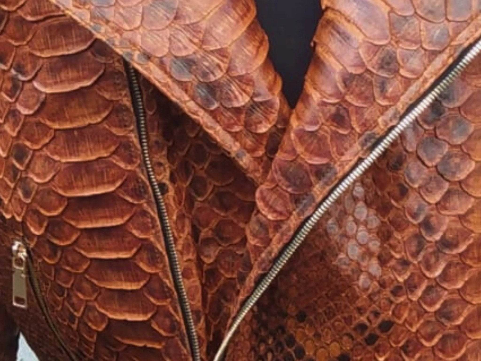 Brown snake-scale leather jacket detail with silver zippers and diagonal seam