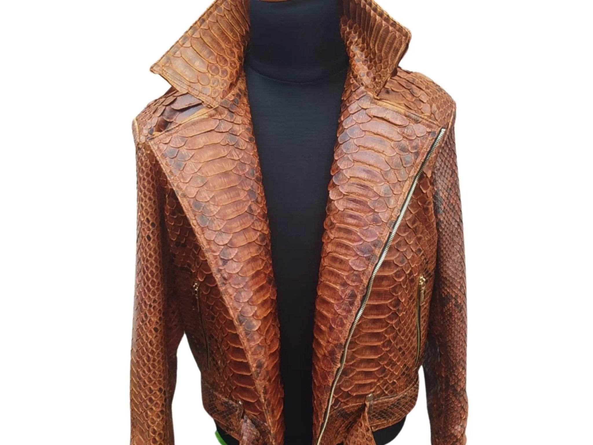 Brown snake-scale leather jacket with asymmetrical zip and structured stand collar
