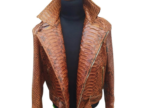 Brown snake-scale leather jacket with asymmetrical zip and structured stand collar