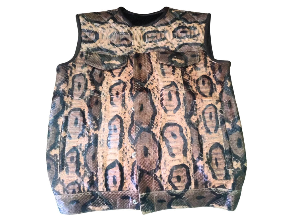 Motorcycle leather vest, sleeveless tan and dark patterned fabric, front view.