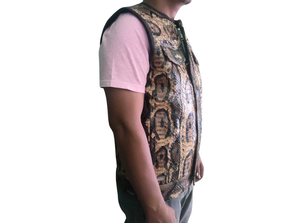 Motorcycle leather vest, side view with tan and dark patterned leather panels.