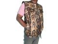 Motorcycle leather vest, tan and dark patterned front with snap closure.
