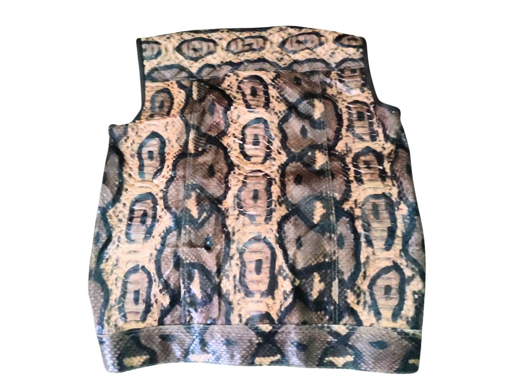 Motorcycle leather vest, sleeveless back panel in tan and dark patterned fabric.