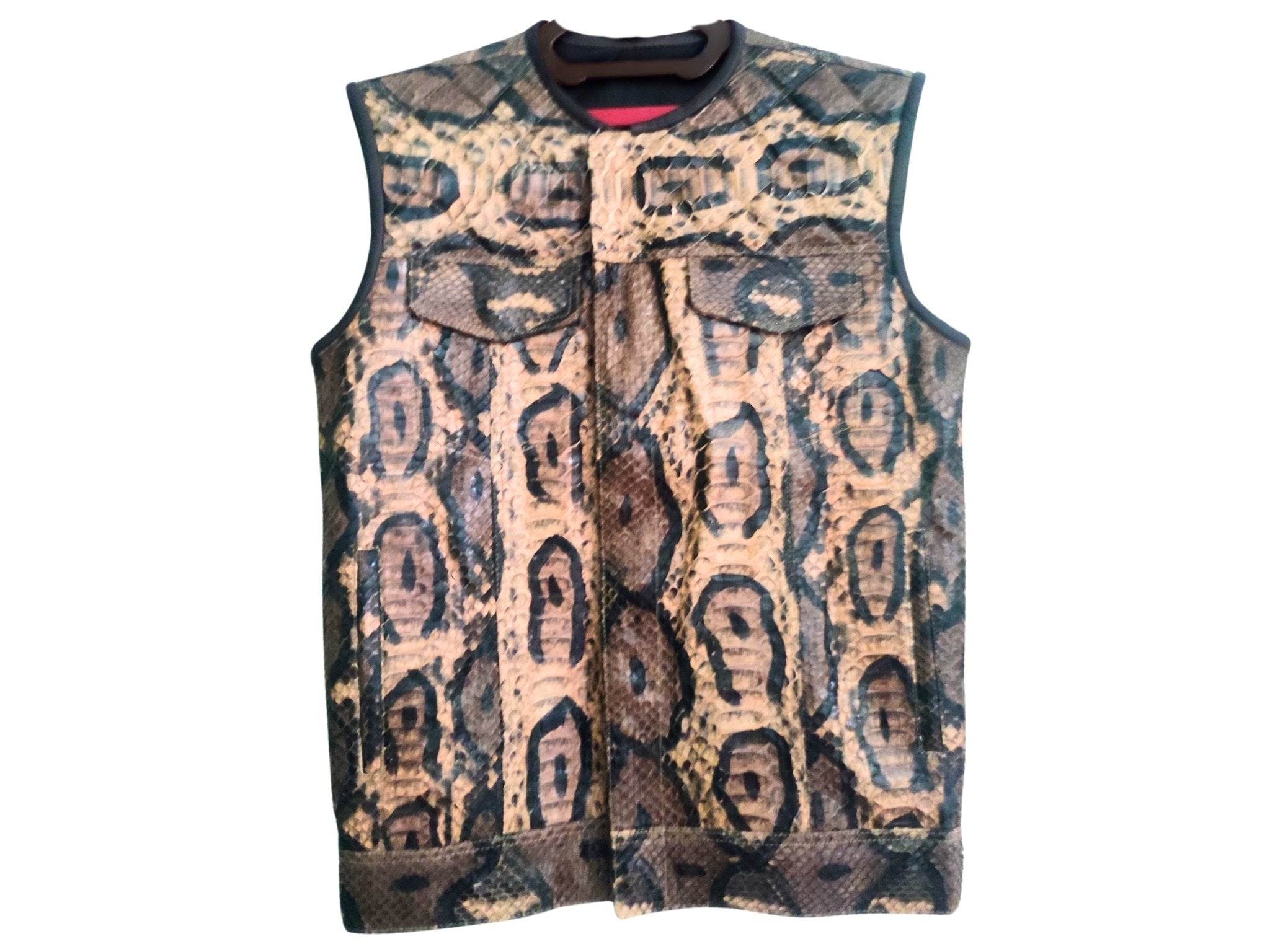 Motorcycle leather vest, sleeveless tan and dark patterned front with button placket.