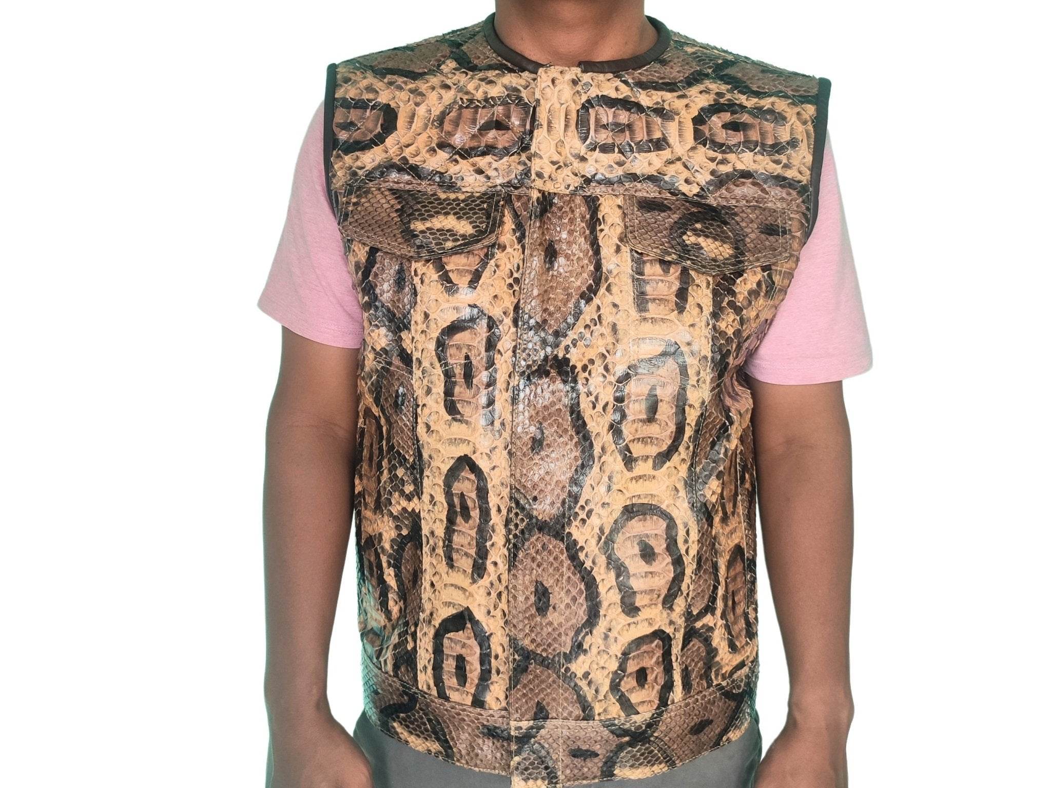Motorcycle leather vest, sleeveless tan and dark patterned front yoke.