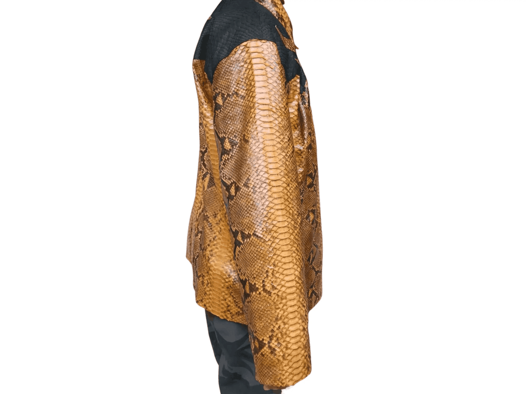 Brown python snakeskin leather jacket, side view with black contrast shoulders