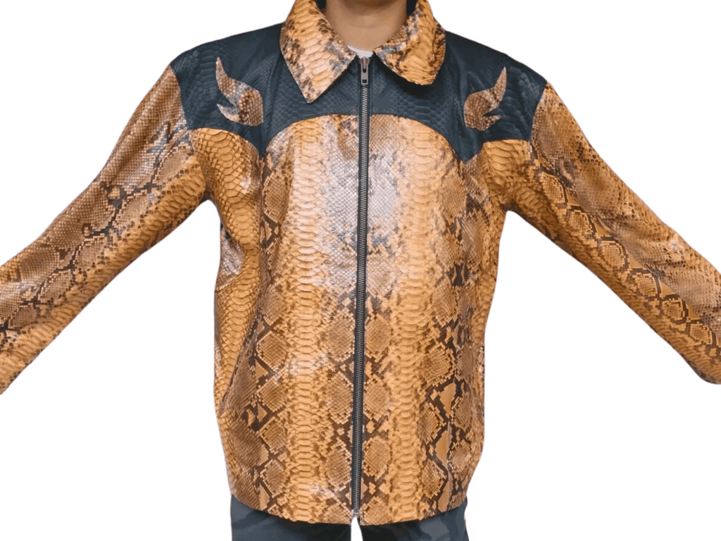 Python snakeskin leather jacket, front zip with stand collar and black yoke