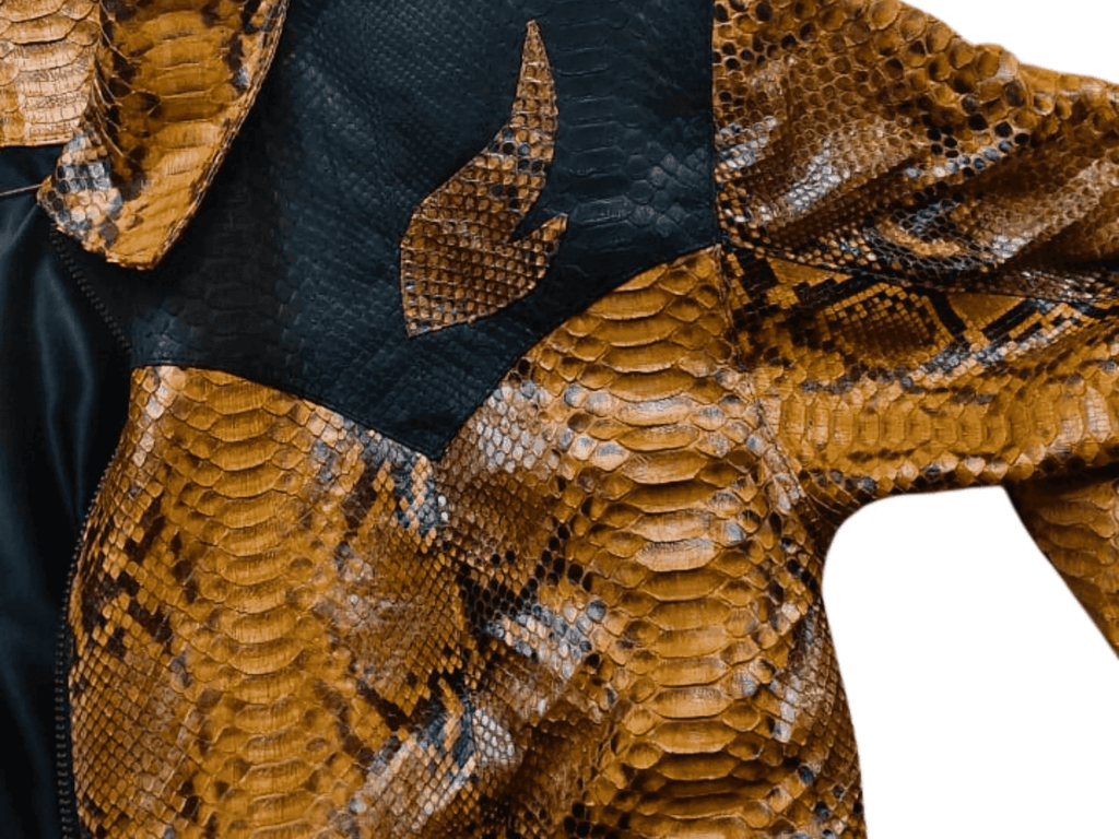 Python snakeskin leather jacket close-up of textured scales at collar and shoulder