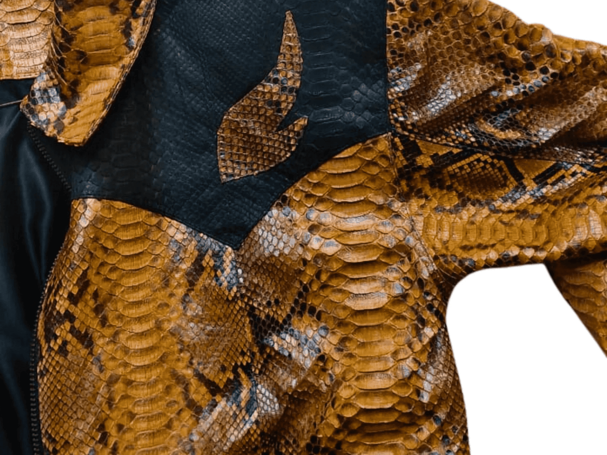 Python snakeskin leather jacket close-up of textured scales at collar and shoulder
