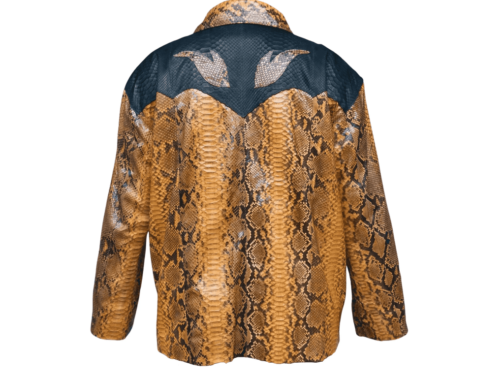 Python snakeskin leather jacket, back view with patterned upper yoke and black shoulders