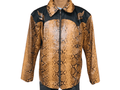 Python snakeskin leather jacket, full front view with zipper and black-trimmed collar