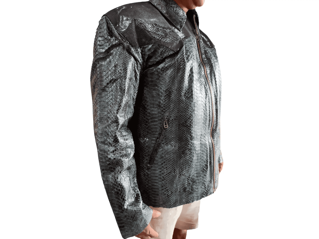 Python snakeskin leather jacket front with zip, dark gray scale pattern