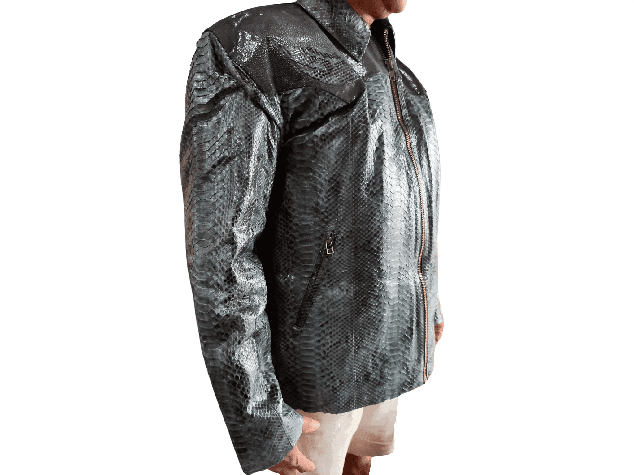 Python snakeskin leather jacket front with zip, dark gray scale pattern