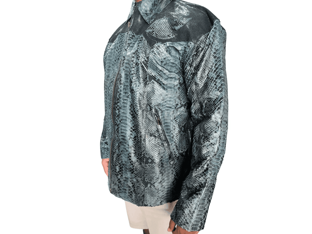 Side view of zip-up python snakeskin leather jacket, dark gray with pale aqua tones