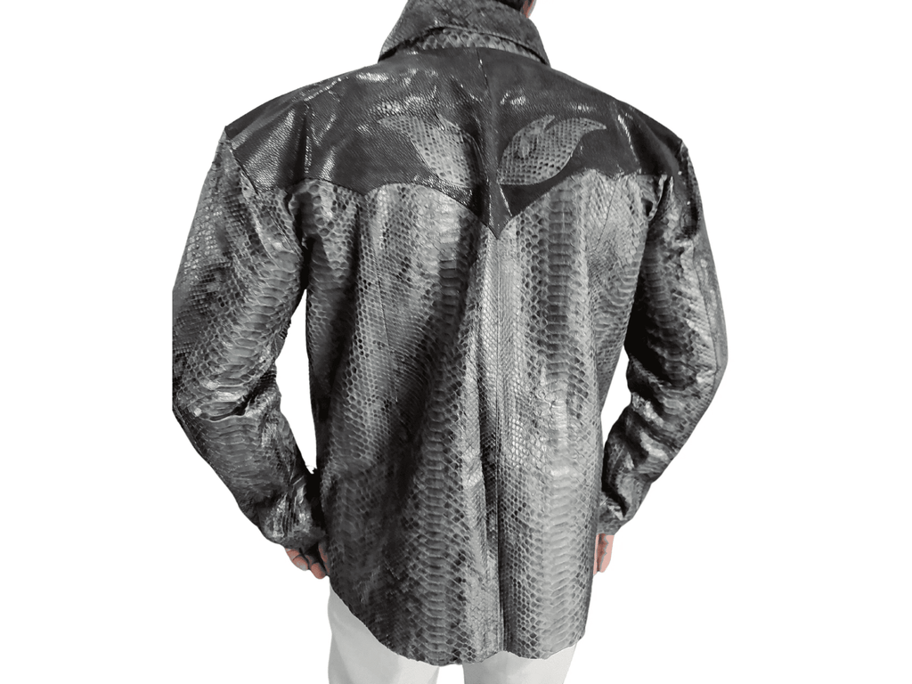 Back view of python snakeskin leather jacket in dark gray with full sleeves
