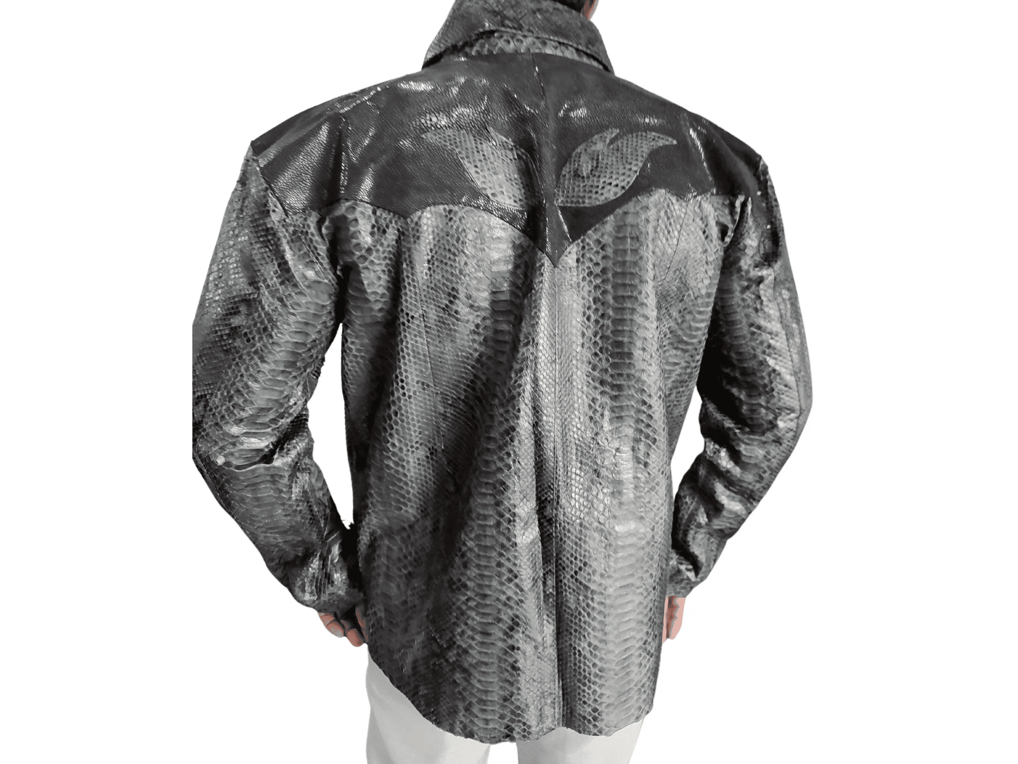 Back view of python snakeskin leather jacket in dark gray with full sleeves