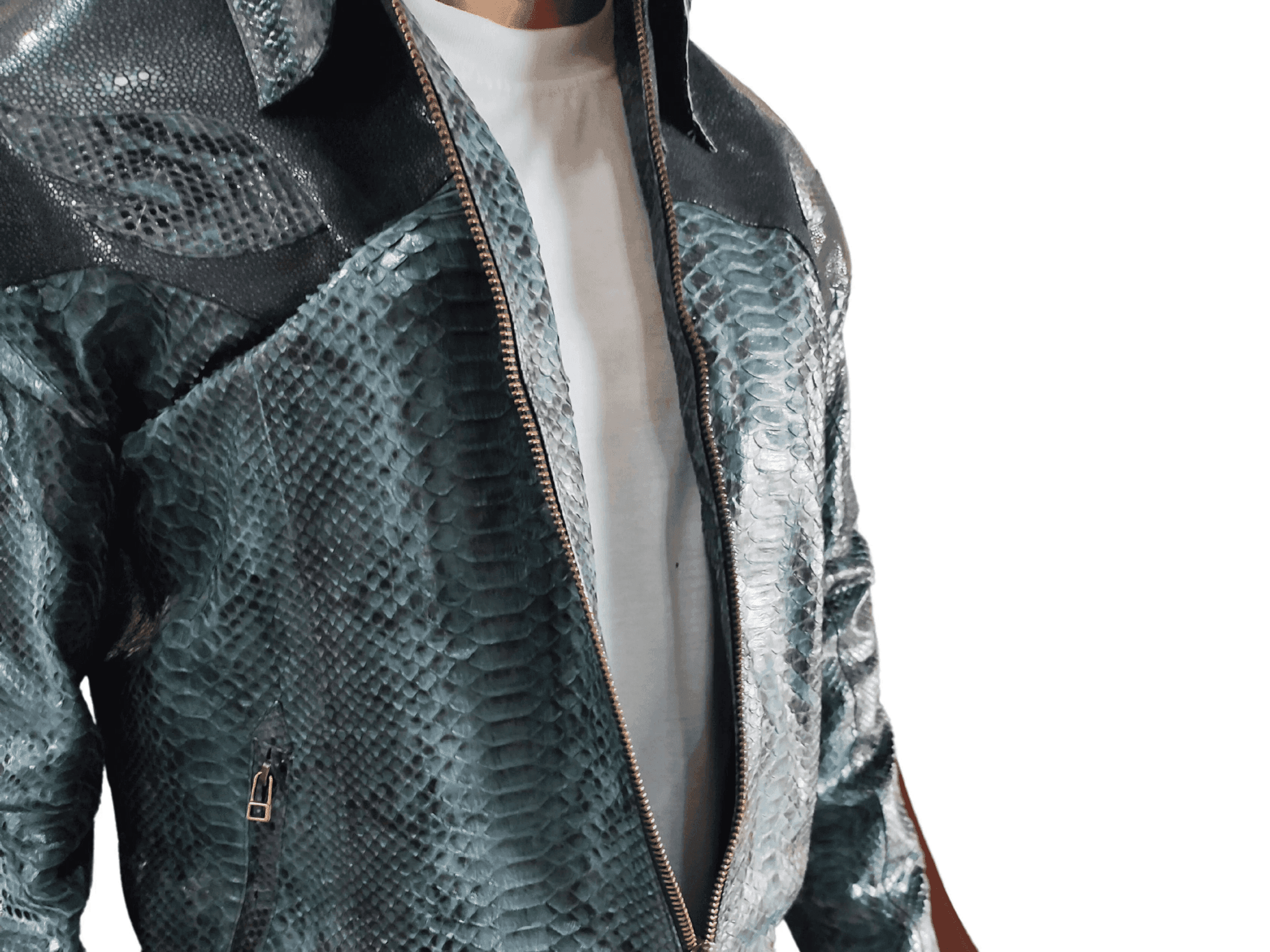 Zip and python snakeskin leather texture in blue-gray with dark gray panels