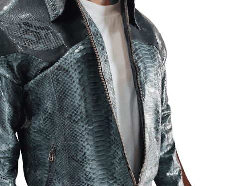 Zip and python snakeskin leather texture in blue-gray with dark gray panels