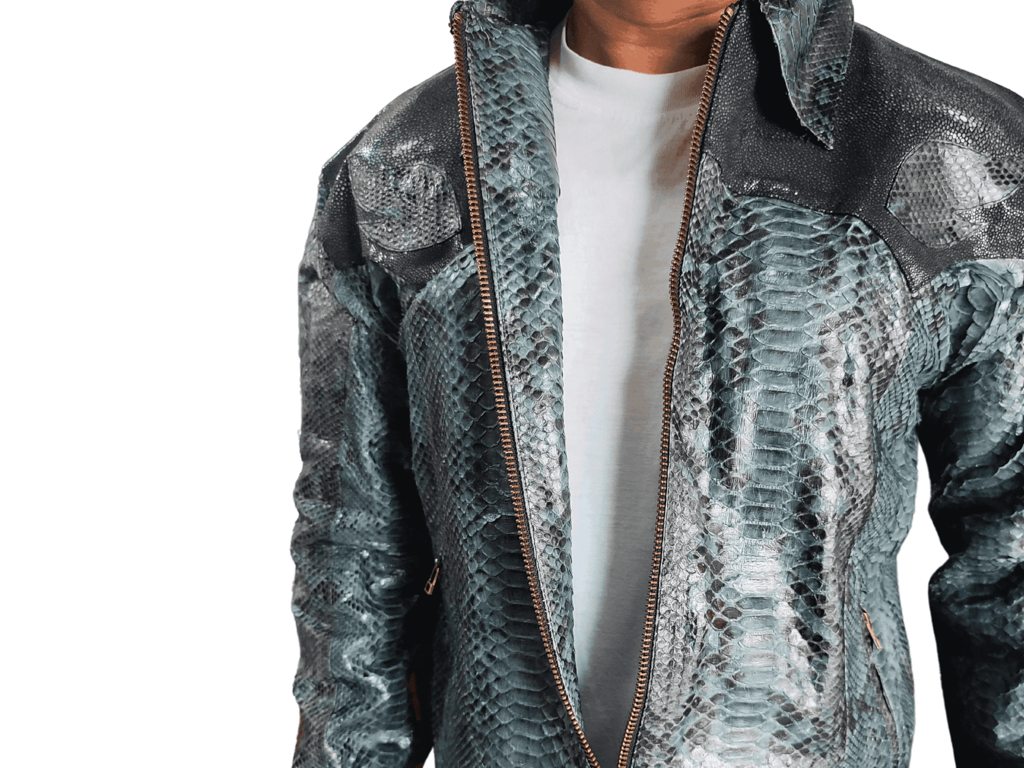 Python snakeskin leather jacket with zip front and stand collar, dark gray and teal