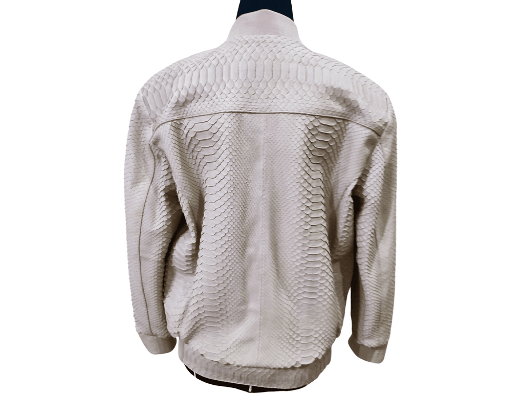 Cream python snakeskin bomber leather jacket back view with stand collar and ribbed hem