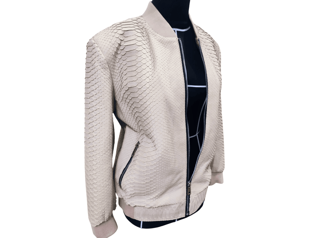 Cream python snakeskin bomber leather jacket, angled view with stand collar and zipper