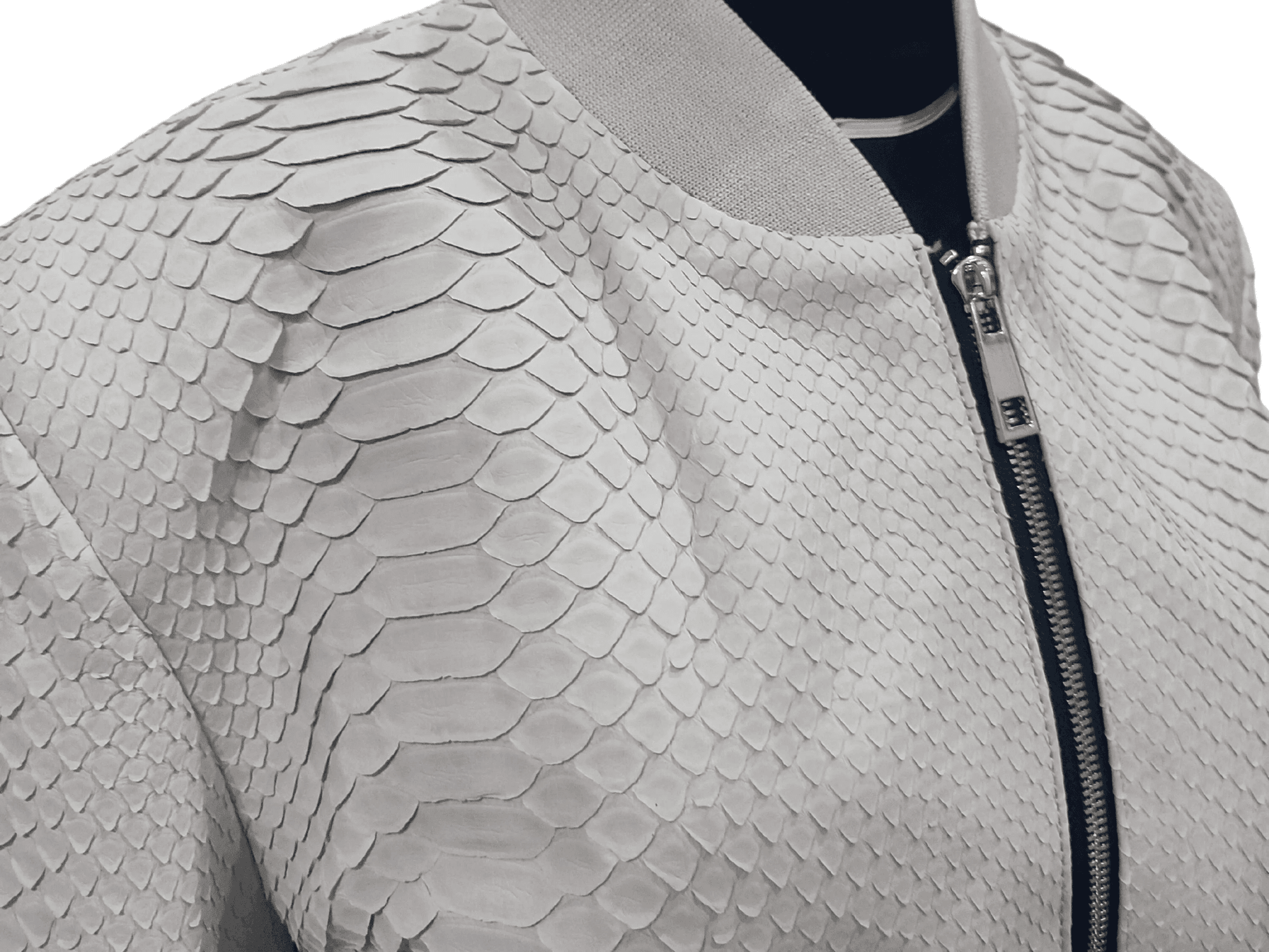 Cream python snakeskin texture on bomber leather jacket with front zipper and metal pull