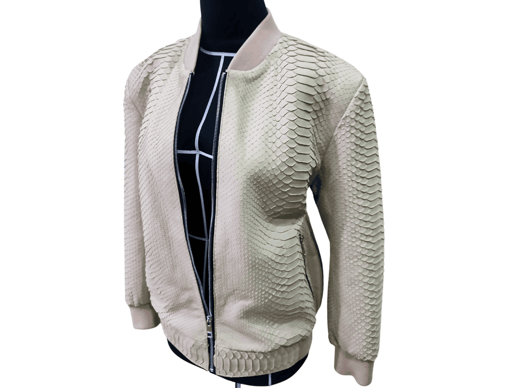 Cream python snakeskin bomber leather jacket, side view with front zipper and ribbed hem